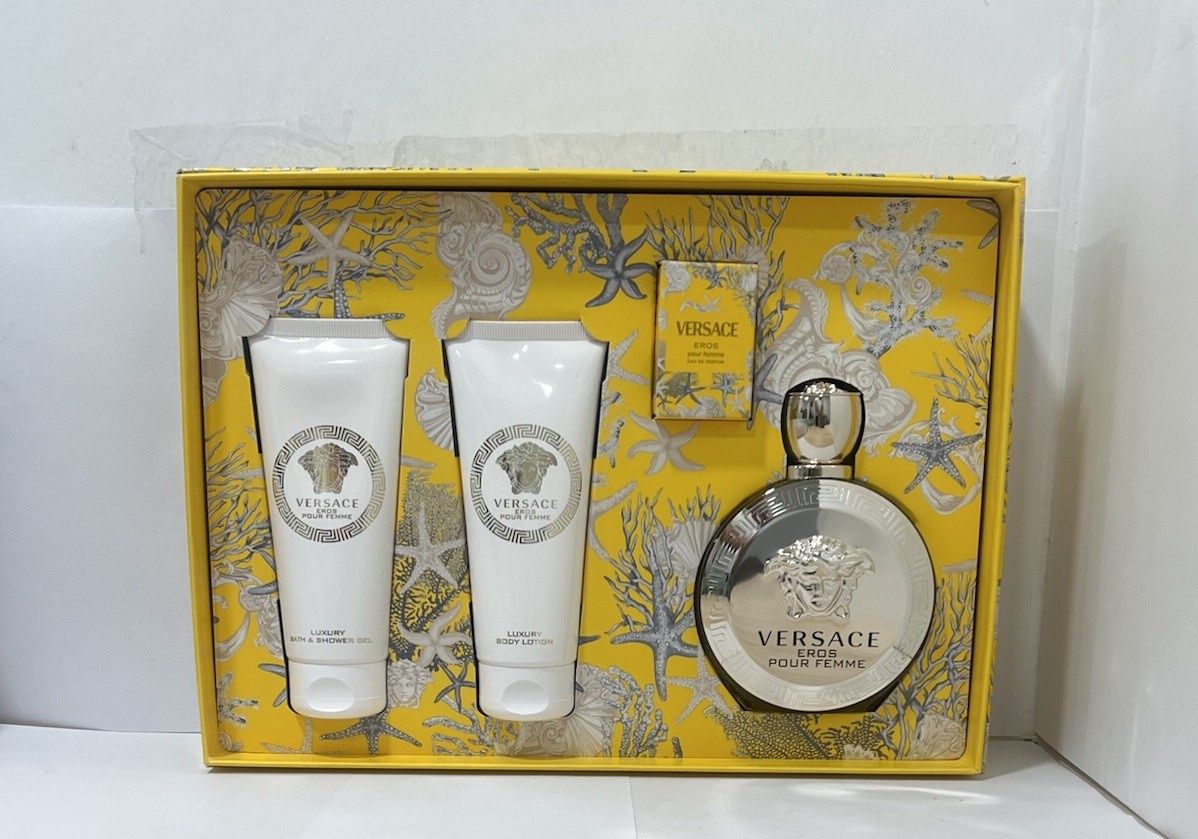VERSACE EROS POUR FEMME(W) 4PC SET(3.4oz edp sp,3.4oz B/L,3.4oz S/G,Make Up Case)