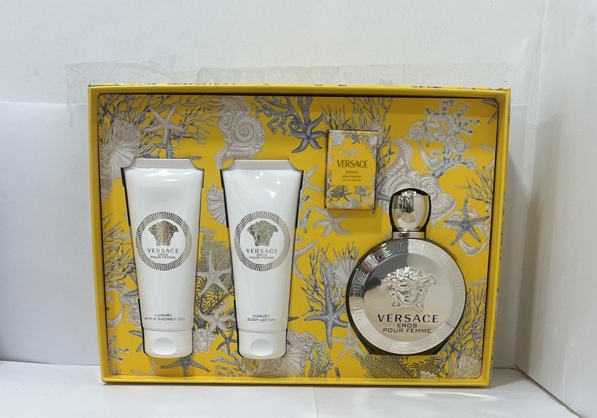 VERSACE EROS POUR FEMME(W) 4PC SET(3.4oz edp sp,3.4oz B/L,3.4oz S/G,Make Up Case)