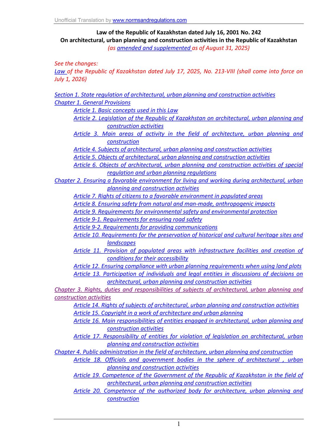 Law on Architectural, Urban Planning and Construction Activities in the Republic of Kazakhstan