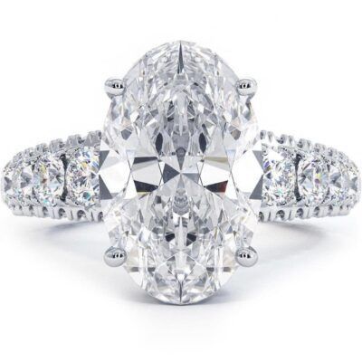 NH#9 / 18K. GOLD 5.00 CARAT NATURAL OVAL CUT GIA CERTIFIED F/ VS2 CENTER DIAMOND 1.00 CT SIDE DIAMONDS