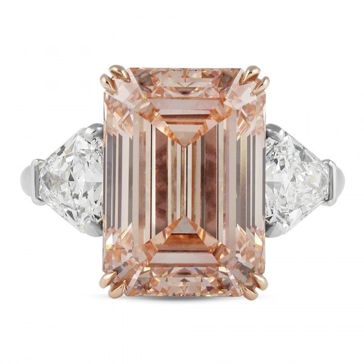 8.34 carat Fancy Pink Emerald Cut Lab Diamond Three-Stone Ring