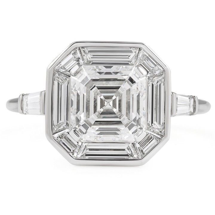 2.59 carat Asscher Cut Lab Diamond Baguette Halo Three-Stone Ring
