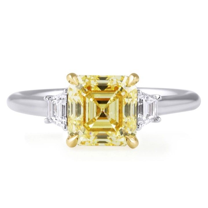 2.11 carat Asscher Cut Fancy Yellow Lab Diamond Three-Stone Ring