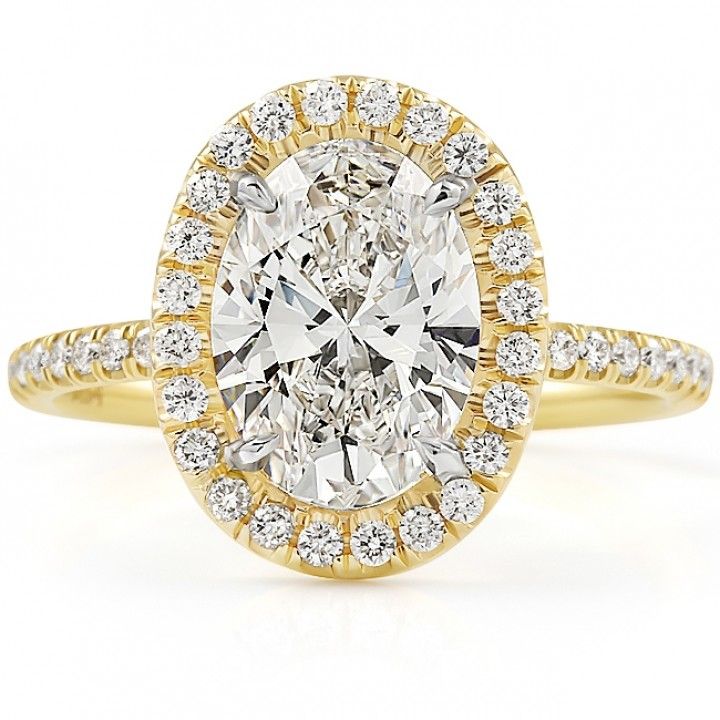 2 carat Oval Lab Diamond Yellow Gold Halo Engagement Ring