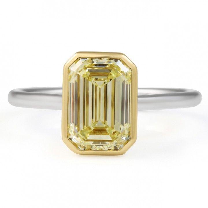 2.60 carat Yellow Emerald Cut Diamond Two-Tone Bezel Ring