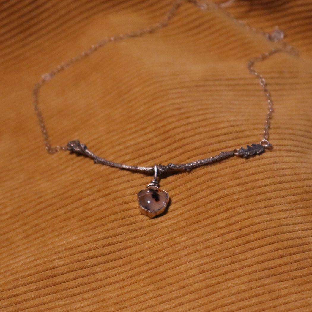 Montana Agate Acorn &amp; Casted Twig Necklace
