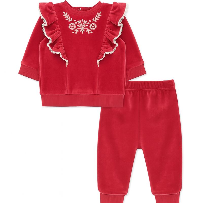 Little Me Embroidered Ruffle Velour Top & Joggers Set and Floral Pajama