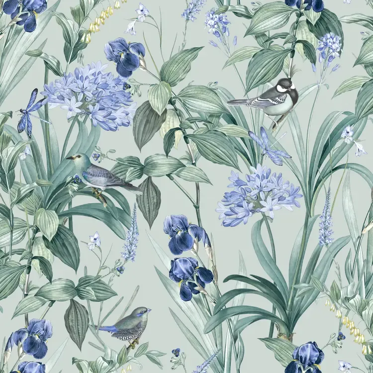 Botanique- Birds & Flowers groen/blauw M647-14 Botanique- Birds & Flowers groen/blauw M647-14