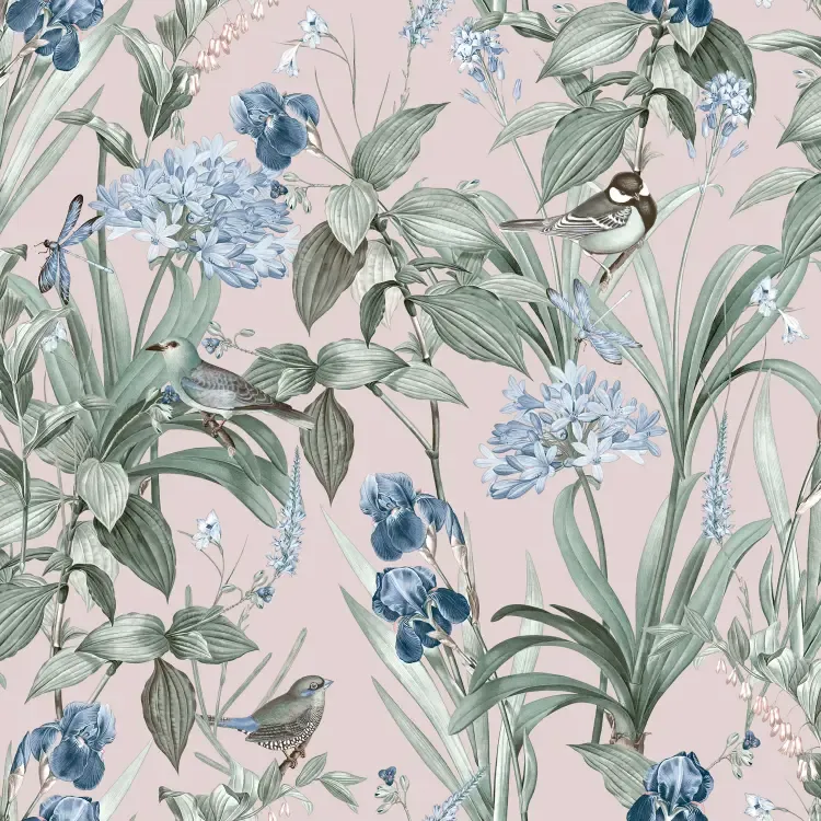 Botanique- Birds &amp; Flowers roze/blauw M647-03