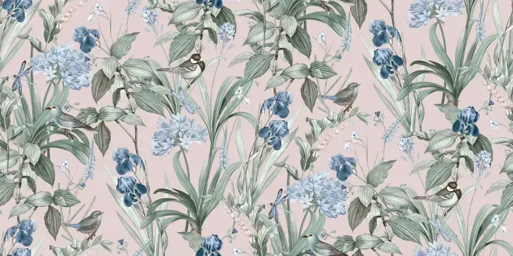 Botanique- Birds & Flowers roze/blauw M647-93D Botanique- Birds & Flowers roze/blauw M647-93D