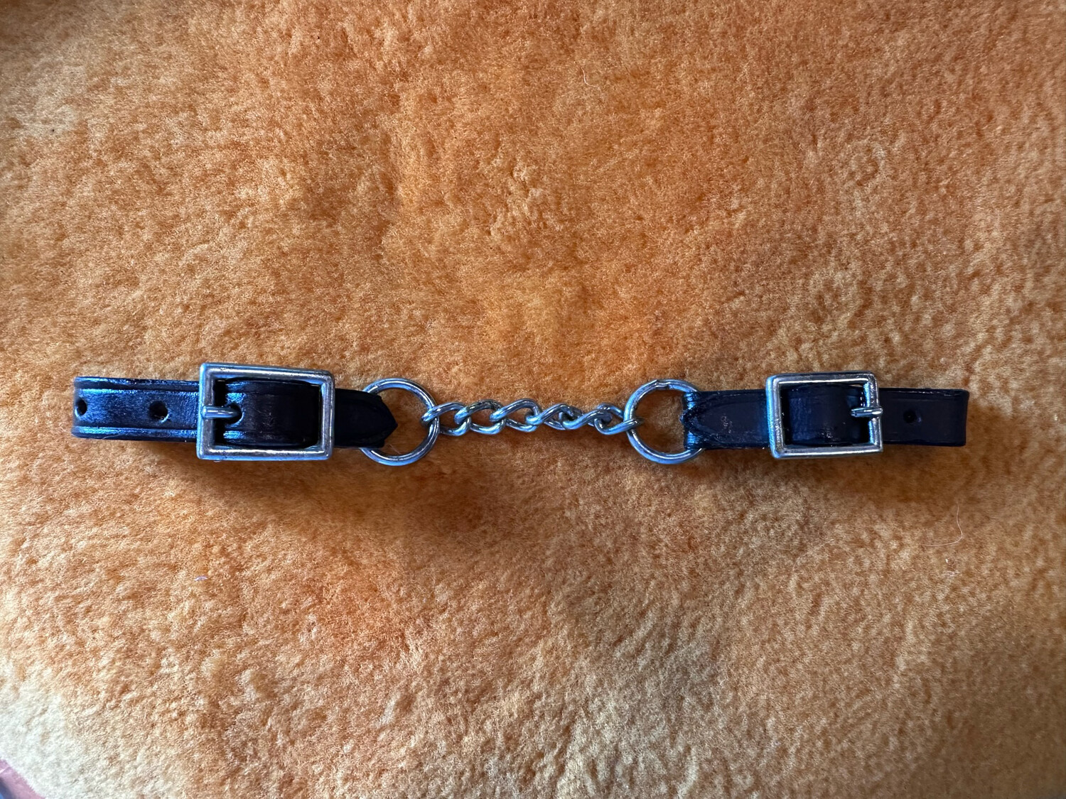 Black Leather Curb with Single Row Chain and Two SS Buckles