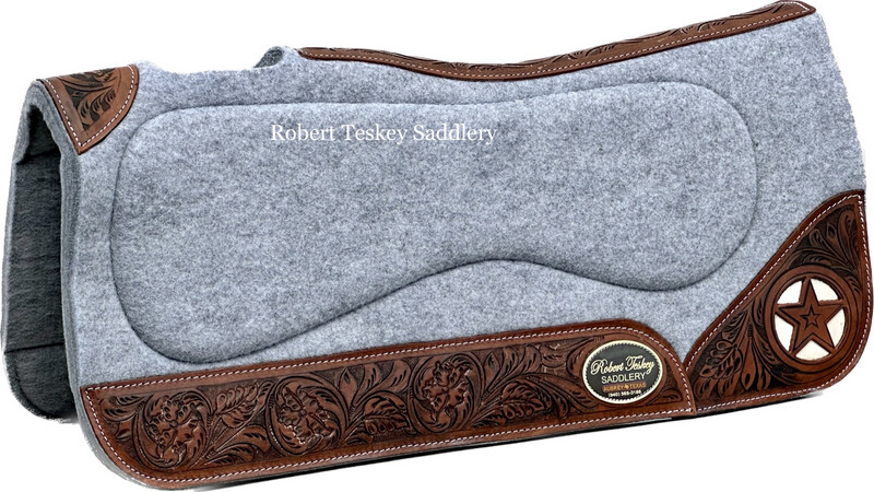 Robert Teskey Moisture Wicking Felt Gel Pad Contoured 1- inch Thickness with Wear Leathers Tooled Floral Cow Hair Star Light Grey