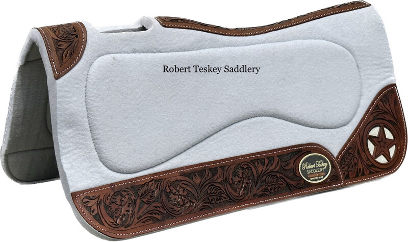 Robert Teskey Moisture Wicking Felt Gel Pad Contoured 1- inch Thickness with Wear Leathers Tooled Floral Cow Hair Star Off-White