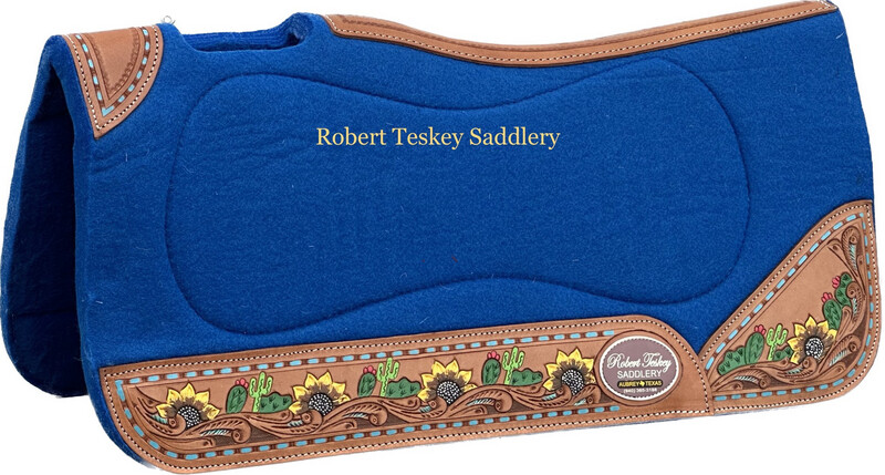 RT Moisture Wicking Felt Gel Pad Contoured 1- inch Thickness with Buck Stitch Wear Leathers Tooled Hand-Painted Floral Blue