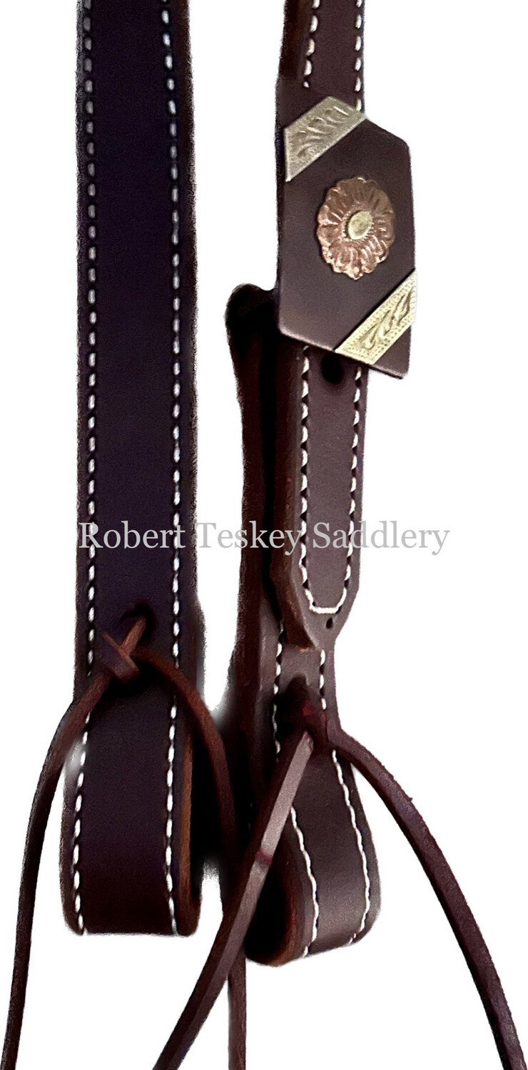 Robert Teskey Single Slit Ear Headstall with One Rectangular Buckle Floral Trim in Copper with Silver Bars Dark Oil 1” Width