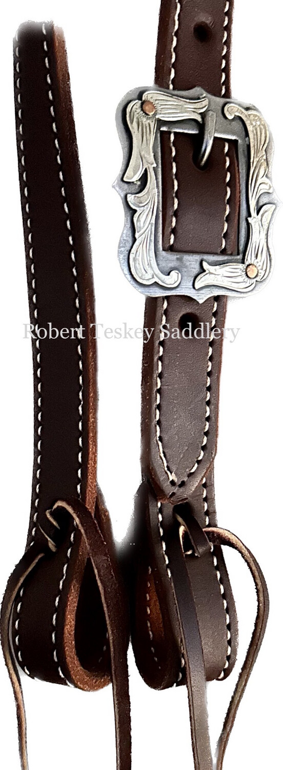 Robert Teskey Single Slit Ear Headstall with One SS Rectangular Scallop Edge Buckle with SS Floral Trim in Dark Oil 1” Width