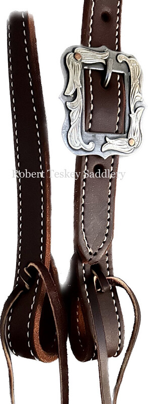 Robert Teskey Single Slit Ear Headstall with One SS Rectangular Scallop Edge Buckle with SS Floral Trim in Dark Oil 1” Width