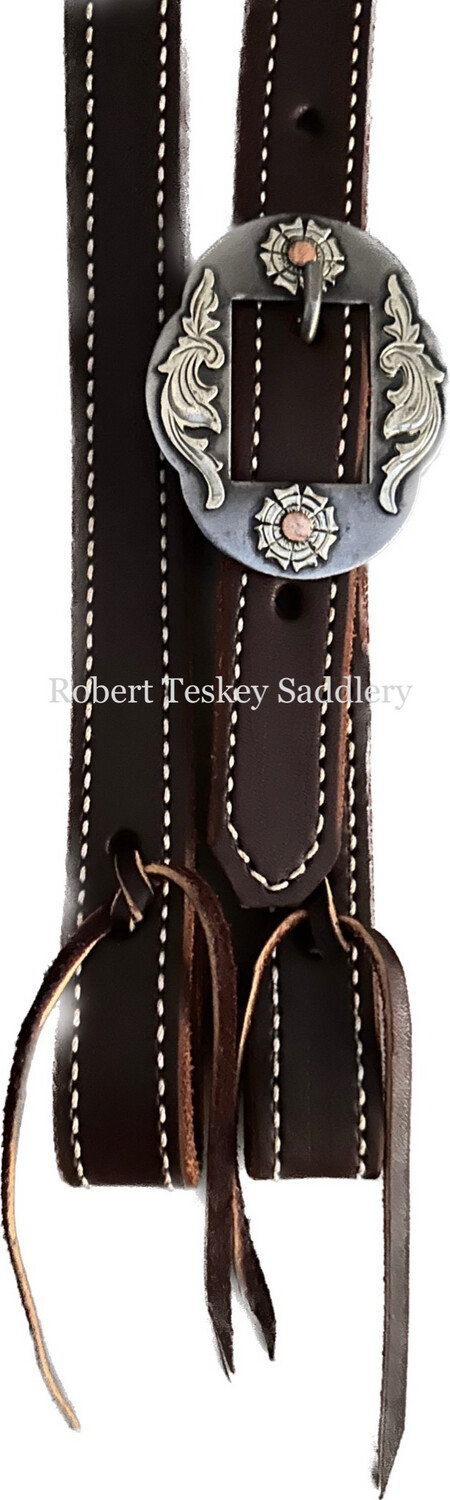 Robert Teskey Single Slit Ear Headstall with One Big SS Oval Buckle in SS &amp; Copper Floral Trim Dark Oil 1” Width