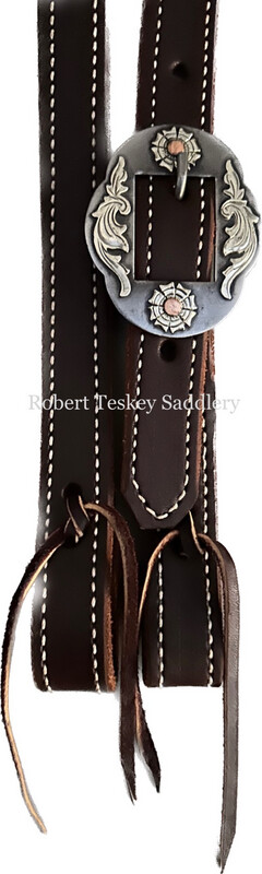 Robert Teskey Single Slit Ear Headstall with One Big SS Oval Buckle in SS &amp; Copper Floral Trim Dark Oil 1” Width