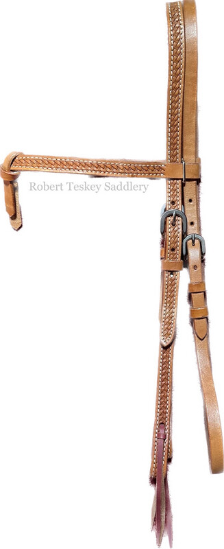 Futurity Knot Brow-band Headstall with Throat Latch with three Basic SS Buckles Tooled in Basket Weave Light Oil 5/8” Width