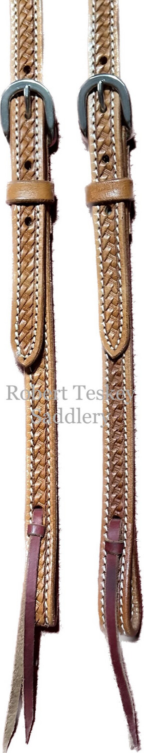 Single Slide Ear Headstall with two Basic SS Buckles Tooled in Basket Weave Light Oil 5/8” Width
