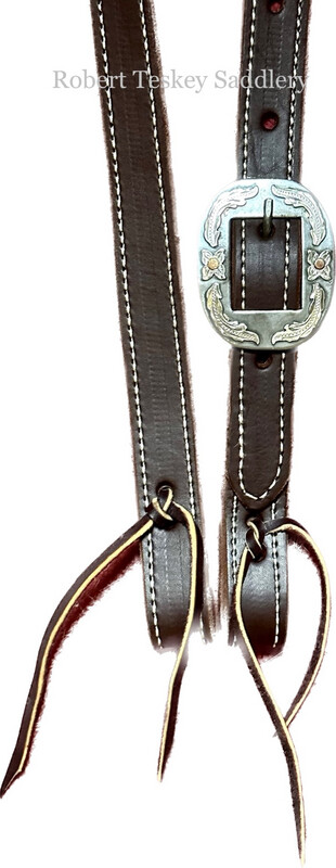 Robert Teskey Single Slit Ear Headstall with One SS Oval Buckle in SS &amp; Copper Floral Trim Dark Oil 1” Width