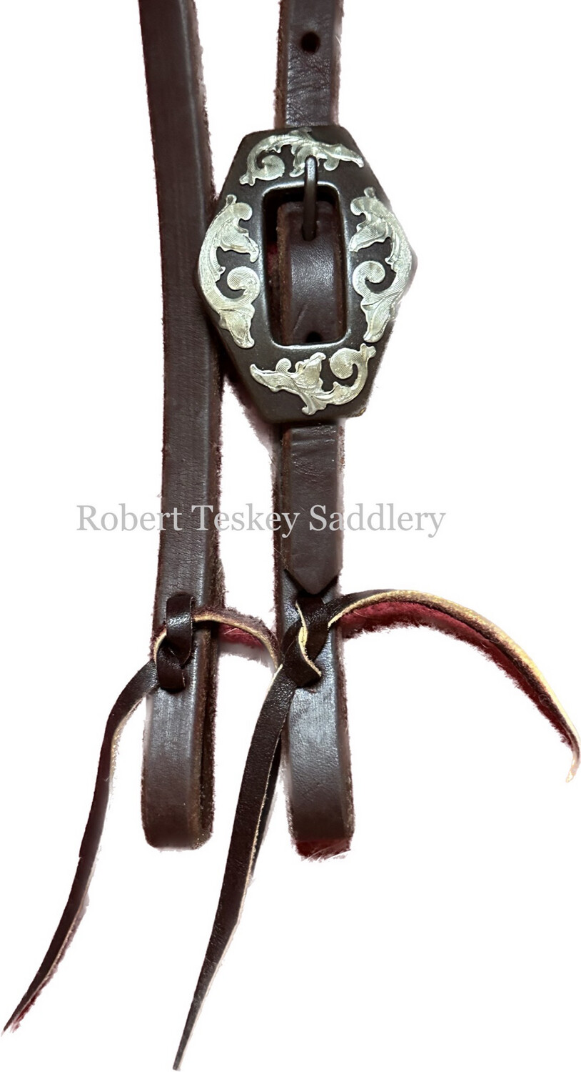 Robert Teskey Single Slide Ear Headstall with One Antique Finish Rhombus Buckle with SS Floral Trim Dark Oil 1/2” Width