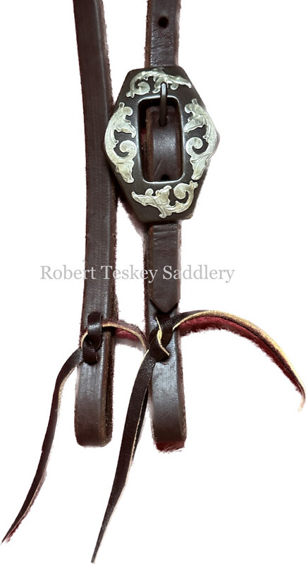 Robert Teskey Single Slide Ear Headstall with One Antique Finish Rhombus Buckle with SS Floral Trim Dark Oil 1/2” Width