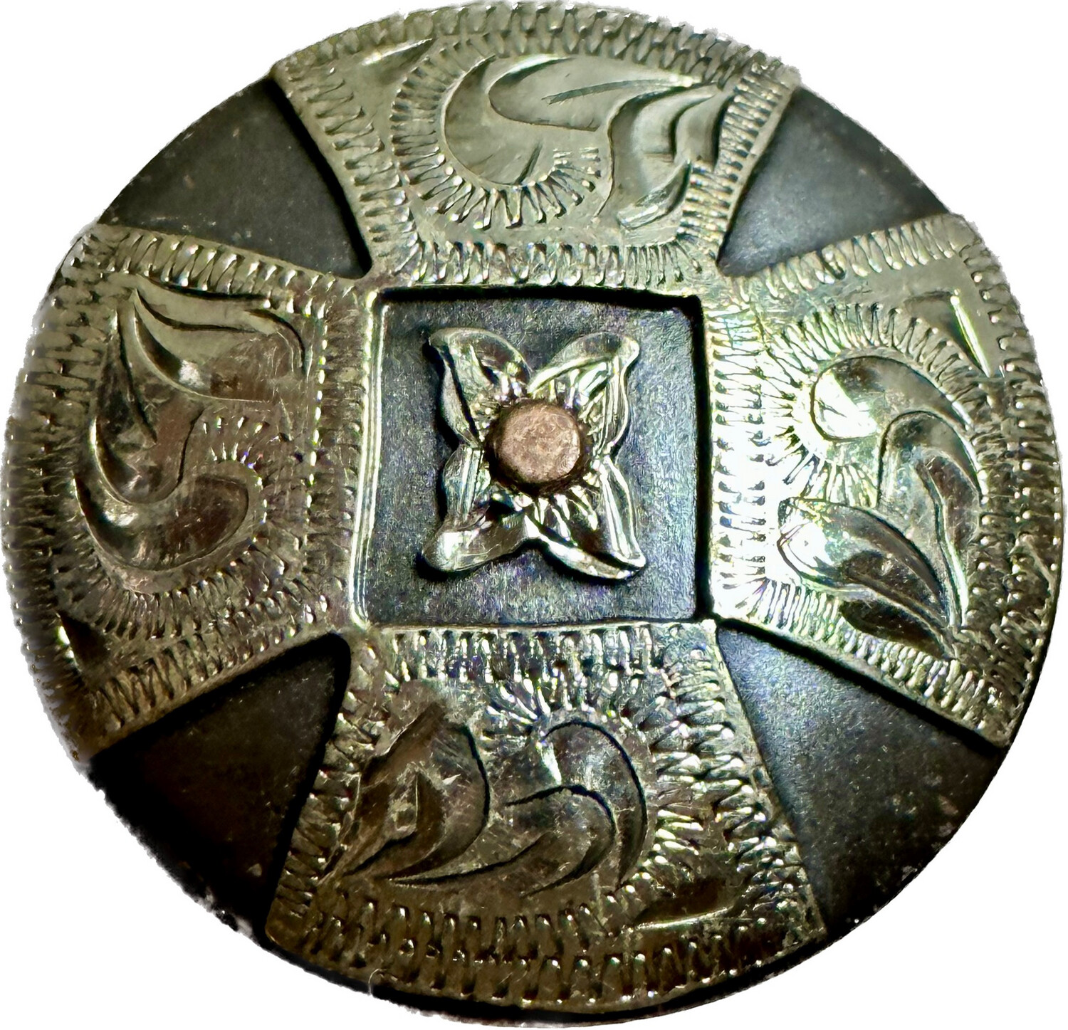 Chicago Style Concho in Gun Metal Grey with German Silver Trim Four Trapez Shape Bars with Small Central Four Petal Blossom