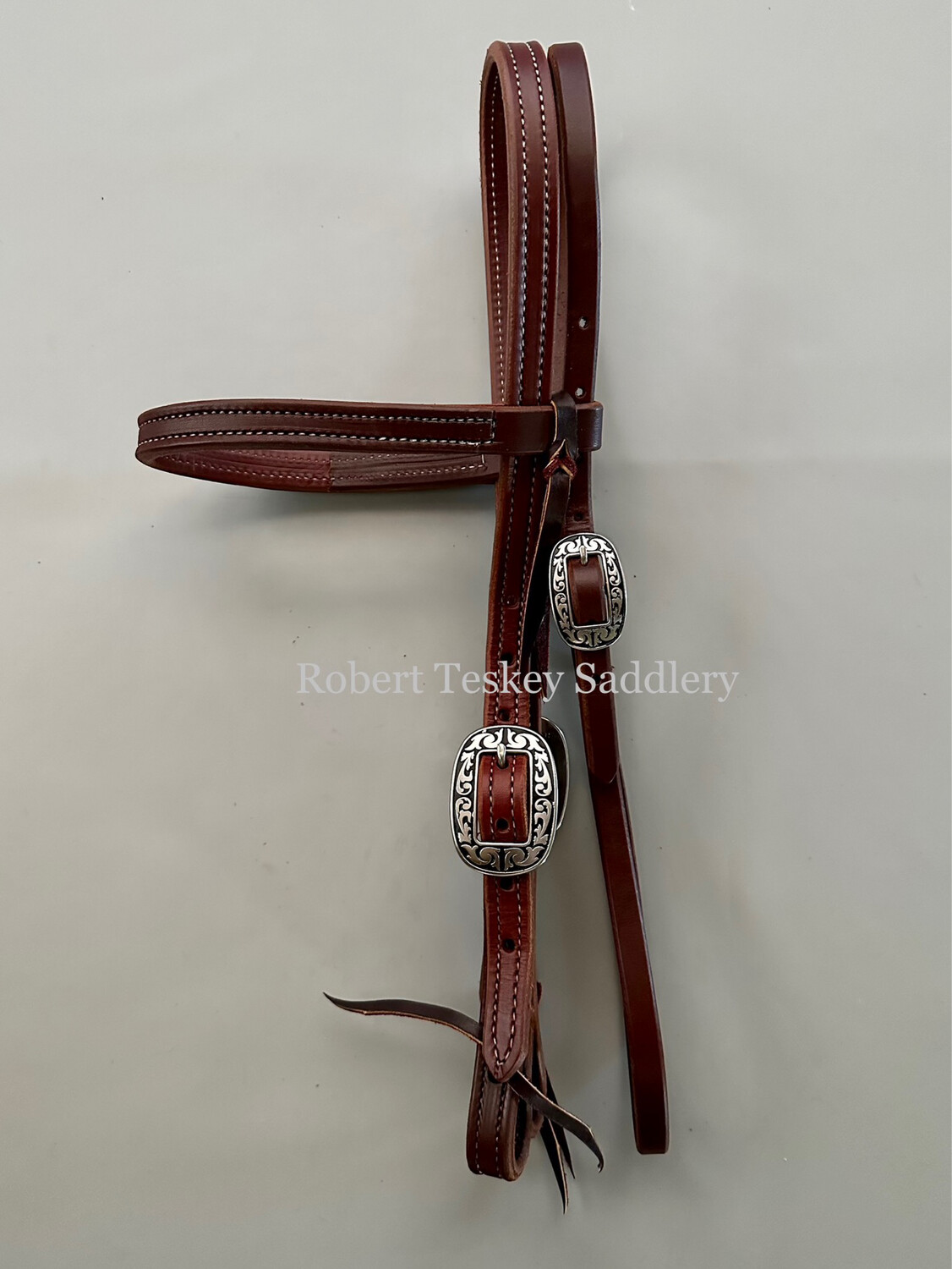 Browband Western Headstall with Throat Latch and Jeremiah Watt Oval Buckles Stitched In Dark Oil 5/8” Width