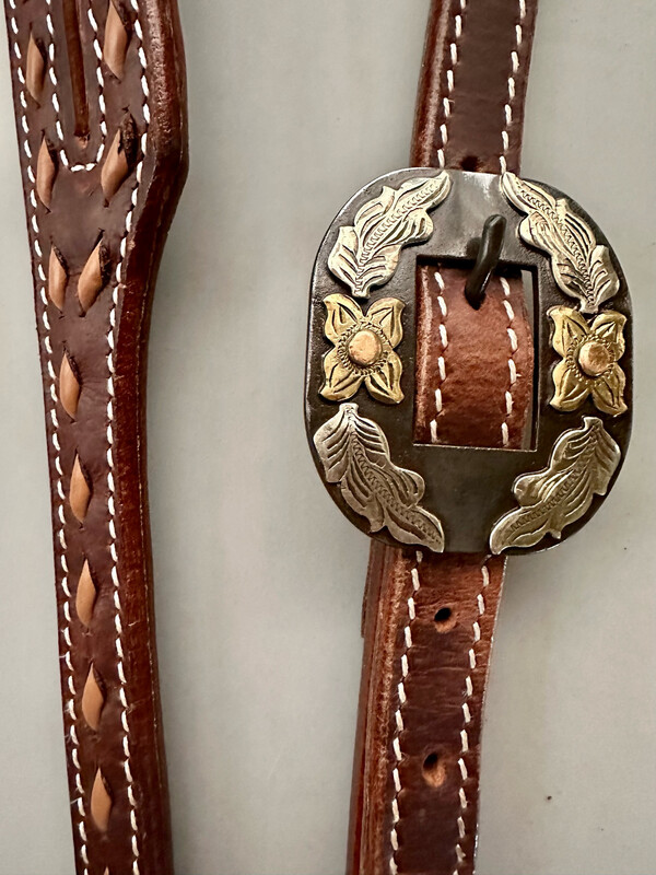 Single Slit Ear Headstall with Mocha Buckstitch and One Buckle with GS and Gold Tone Floral Trim Dark Oil 3/4” Width