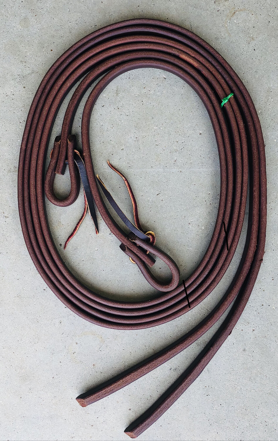 Premium Leather Split Reins with Water Loop Closure Weighted Bit Ends &amp; Bottoms in Dark Oil Finish 8’ Length in two Widths available