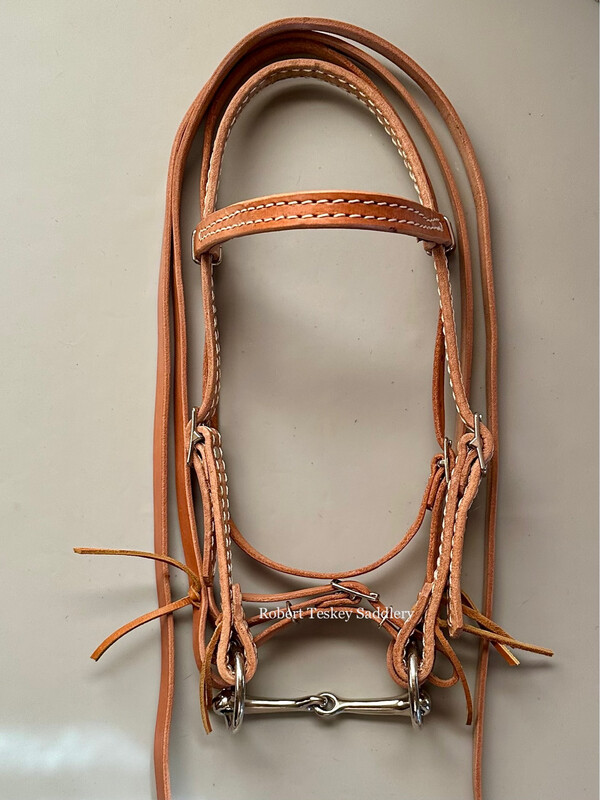 Pony Size Browband Headstall with SS Snaffle Bit 4 1/2” Mouth Piece 2 1/8” Ring Diameter, Flat Leather Curb &amp; Split Reins 3’8” Length 5/8” Width Stitched in Light Oil Finish