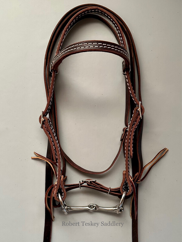 Pony Size Browband Headstall with SS Snaffle Bit 4 1/2” Mouth Piece 2 1/8” Ring Diameter, Flat Leather Curb &amp; Split Reins 3’8” Length 5/8” Width Stitched in Dark Oil Finish