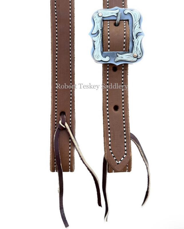 Robert Teskey Single Slit Ear Headstall with One Metallic Grey Rectangular Scallop Edge Buckle with SS &amp; Copper Floral Trim Light Medium Oil 1” Width