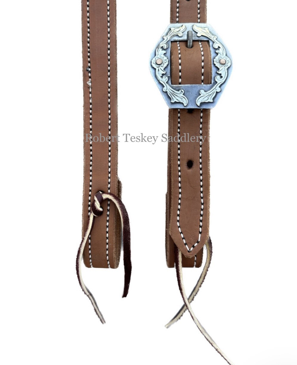 Robert Teskey Single Slit Ear Headstall with One Metallic Grey Rhombus Buckle with SS &amp; Copper Floral Trim Light Medium Oil 1” Width