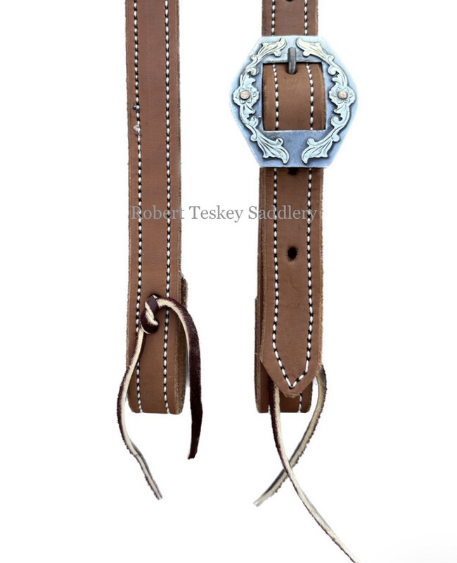 Robert Teskey Single Slit Ear Headstall with One Metallic Grey Rhombus Buckle with SS &amp; Copper Floral Trim Light Medium Oil 1” Width