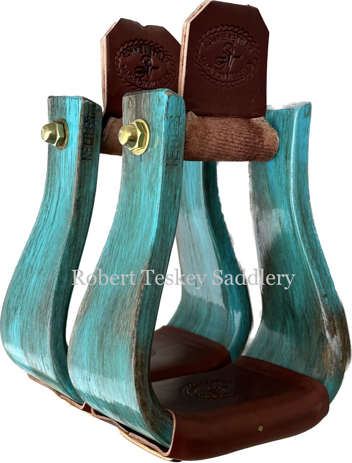 Premier Line The Flatbottom Ronnie Nettles Stirrups with 3- inch Tread Width in Distressed Turquoise Finish