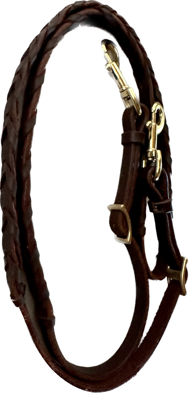 Premium Barrel Rein with two adjustable Brass Snap Bit End Closures Laced In Dark Oiled Finish 8’ 6” Length 5/8” Width