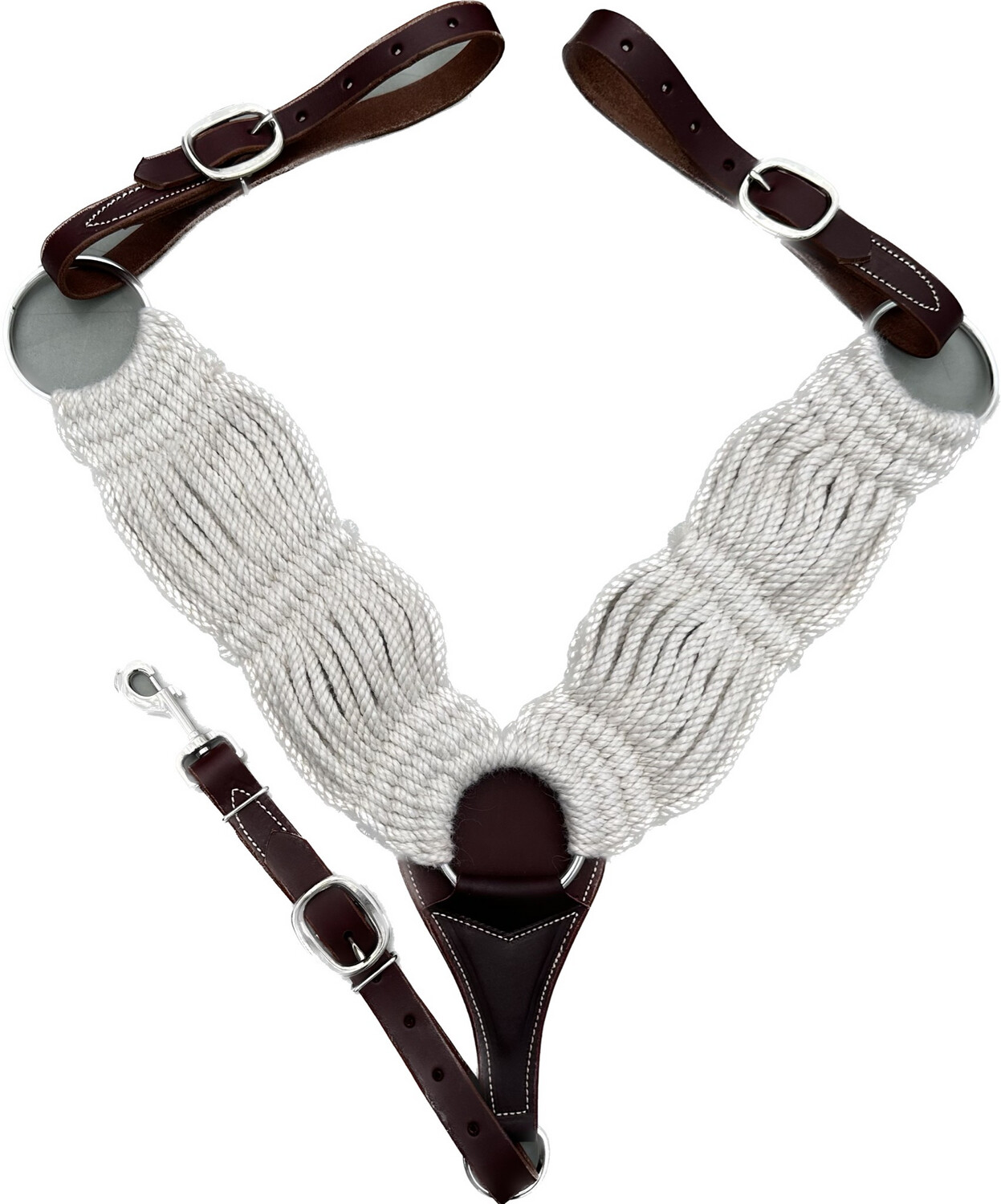 Breast Collar with Double Ply 16 Strands Natural Mohair Shoulder Pieces and Burgundy Red Latigo Leather Tugs