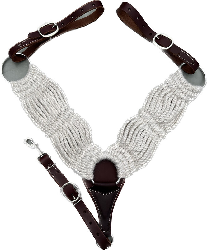 Breast Collar with Double Ply 16 Strands Natural Mohair Shoulder Pieces and Burgundy Red Latigo Leather Tugs