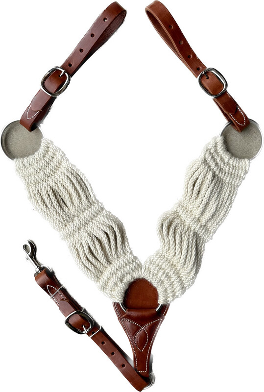Breast Collar with Double Ply 16 Strands Natural Mohair Shoulder Pieces and Medium Oil Chestnut Leather Tugs