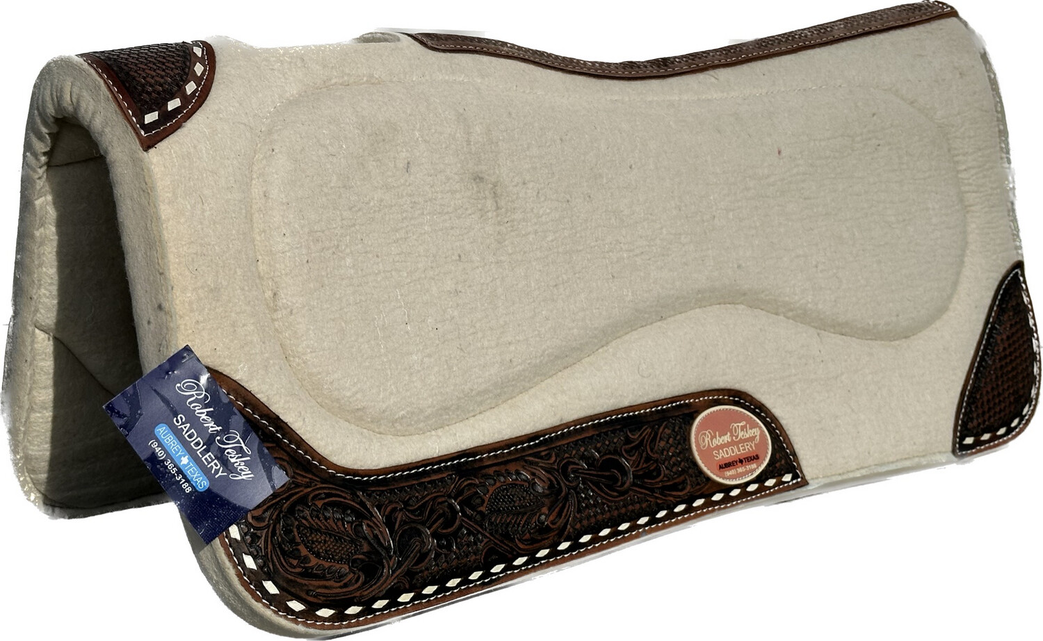 Robert Teskey Premium Moisture Wicking Felt Pad Contoured 1 1/4-inch Thickness with Buck Stitch Wear Leathers Tooled Floral Light Cream Natural New Zealand Wool 2024