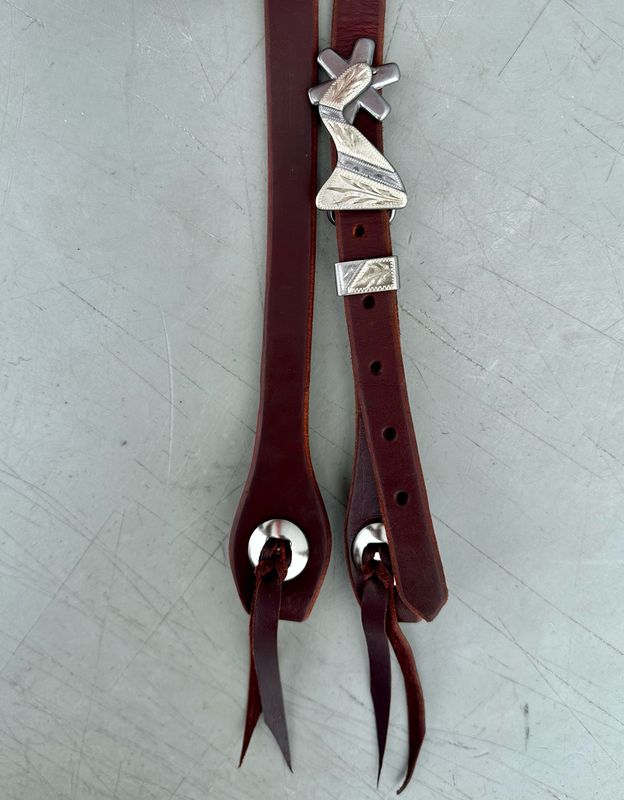 Single Slide Ear Headstall with Fancy Single Spur Shank with Rowel SS Buckle with German Silver Trim 2 3/8” Buckle Length and Keeper Hot-Oiled 3/4” Width