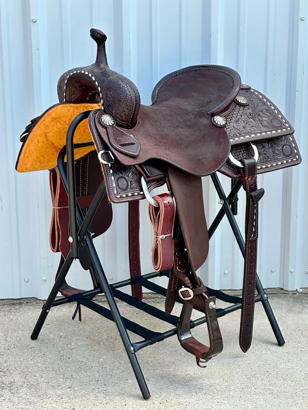 Robert Teskey Elite Cutting Horse Saddle Buster Welch Tree with a 16- inch Rough Out Seat Tooled Dark Oil Finish with Buck Stitch Border