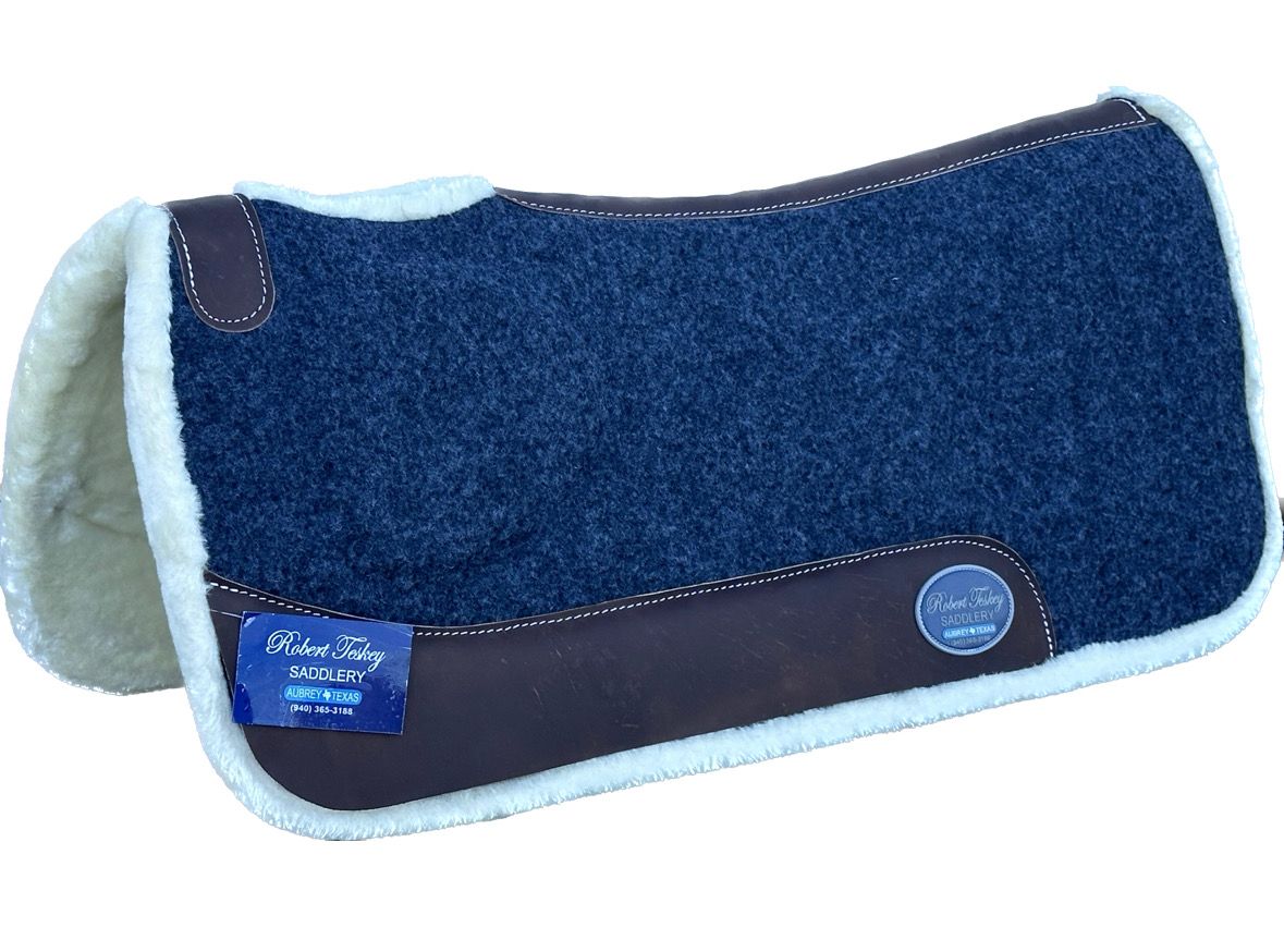 Robert Teskey Felt Top Sherpa Fleece Bottom Saddle Pad with Build-in Shoulder Shim 1- inch Thickness Melange Jean Blue with Cream Sherpa Fleece Lining and Brown Smooth Wear Leathers 1024