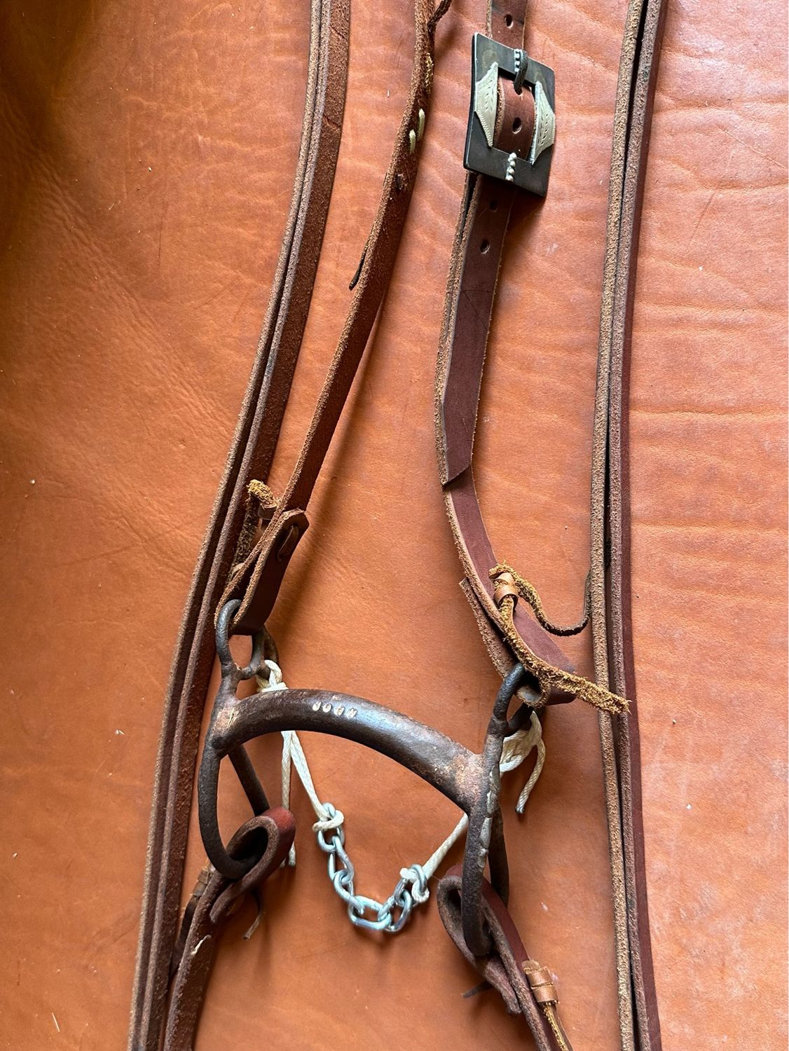 John Israel Colt Starter Bit with Israel’s 3/4” Width Branded Slit Ear Headstall and RD Stamped Single Rectangular Buckle with German Silver Trim &amp; Dots and 5/8” Width &amp; 8’ Length Split Reins