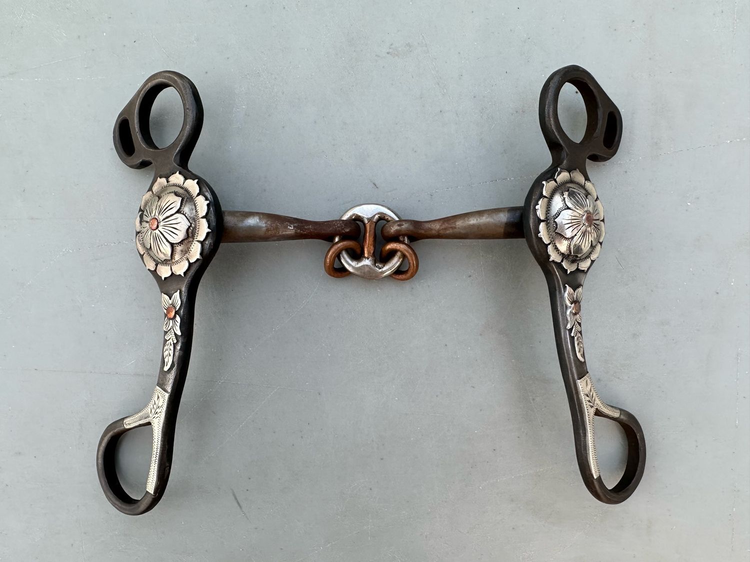 Garren Western Three Piece Snaffle Bit with Floral German Silver Conchos &amp; Trim Shanks