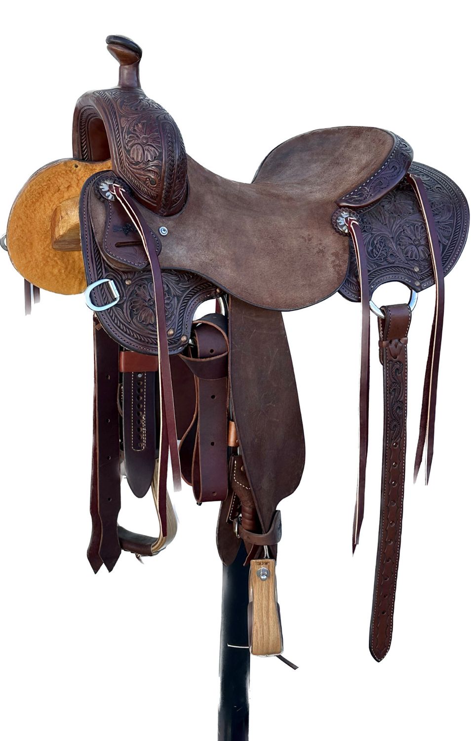 Stuart Rybak Ultra Light Cow Horse Saddle with a 15 1/2- inch Rough Out Seat in Dark Walnut Finish