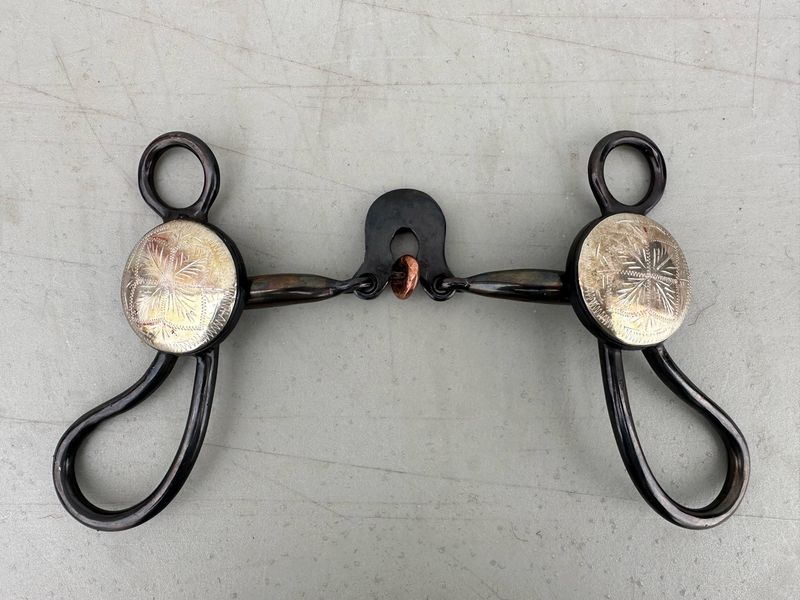Teardrop Shank Three Piece Snaffle Bit with 5” Length Mouth Piece 6 1/8” Shank Length 2” Diameter Engraved German Silver Comchos